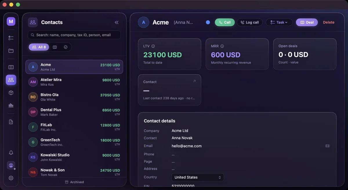 A contact, Acme: lifetime value 23,100 USD, monthly recurring revenue 600 USD, no open deals, details, notes and activity