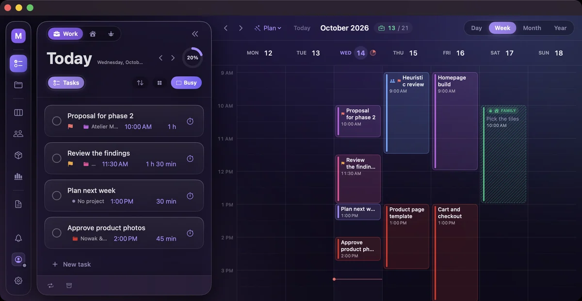 Week view of 12–18 October with today’s four tasks on the left, each with its hour and length, and time blocks from Wednesday to Saturday