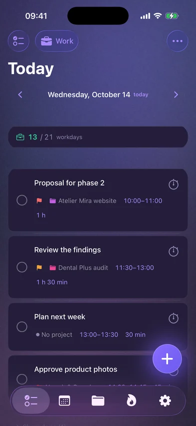Myriad on an iPhone: the tasks for today, Wednesday, October 14