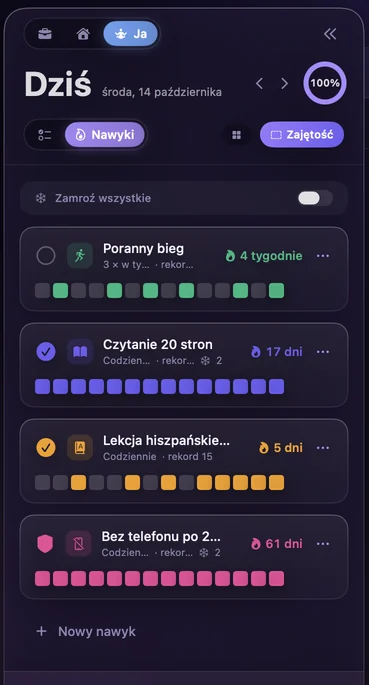Nawyki w profilu Ja: Poranny bieg 3 razy w tygodniu, Czytanie 20 stron, Lekcja hiszpańskiego, Bez telefonu po 21:00, każdy z passą, rekordem i historią