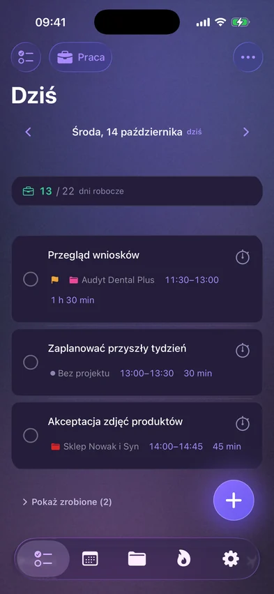 Ta sama lista po odhaczeniu na zegarku zadania Oferta na etap 2, z dwoma zrobionymi zadaniami pod spodem