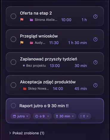Szybkie dodawanie: „Raport jutro o 9 30 min !!” z etykietami jutro, o 9, 30 min i priorytet