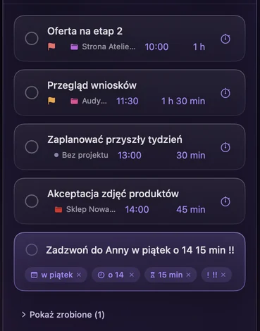 Szybkie dodawanie: „Zadzwoń do Anny w piątek o 14 15 min !!” z etykietami piątek, o 14, 15 min i priorytet