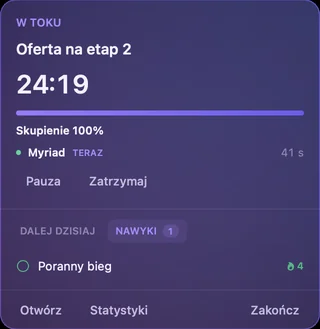 Panel w pasku menu: trwa Oferta na etap 2, pozostały czas, Skupienie 100%, Pauza i Stop, a niżej zakładka nawyków