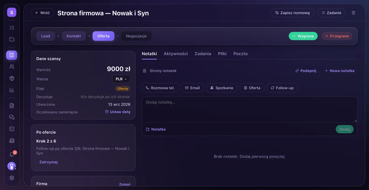 Szansa Strona firmowa dla Nowak i Syn na etapie Oferta, 9000 zł: karta Po ofercie pokazuje krok 2 z 6, zadanie Follow-up po ofercie 2/6 i przycisk Zatrzymaj