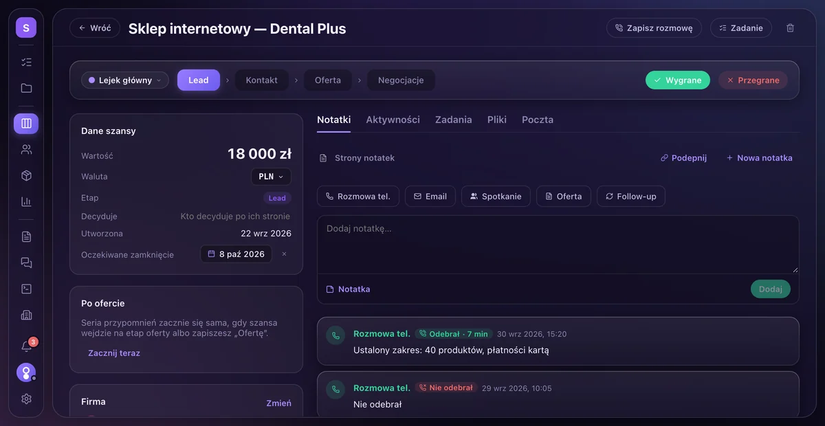 Szansa Sklep internetowy dla Dental Plus, 18 000 zł, z dwiema rozmowami w notatkach: odebrana 30 września o 15:20, 7 minut, ustalony zakres: 40 produktów i płatności kartą; i nieodebrana 29 września o 10:05