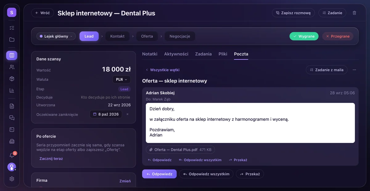 Wątek mailowy przy szansie: oferta na sklep internetowy wysłana do Marka Zęba 28 września z załączonym PDF-em (471 KB), z przyciskami Odpowiedz, Odpowiedz wszystkim i Przekaż