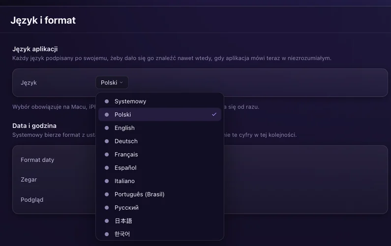 Język i format: menu języka z zaznaczonym polskim i pozycjami English, Deutsch, Français, Español, Italiano, Português (Brasil), Русский, 日本語 i 한국어