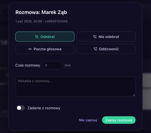 Karta rozmowy z Markiem Zębem: Odebrał, Nie odebrał, Poczta głosowa albo Oddzwonić, długość rozmowy, notatki i zadanie na kolejny krok