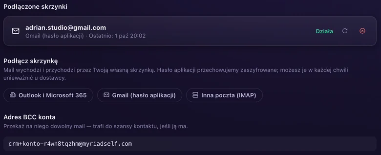 Podłączona skrzynka: adres Gmail z hasłem aplikacji, działa. Podłącz Outlook i Microsoft 365, Gmail z hasłem aplikacji albo inną pocztę przez IMAP. Niżej adres BCC konta