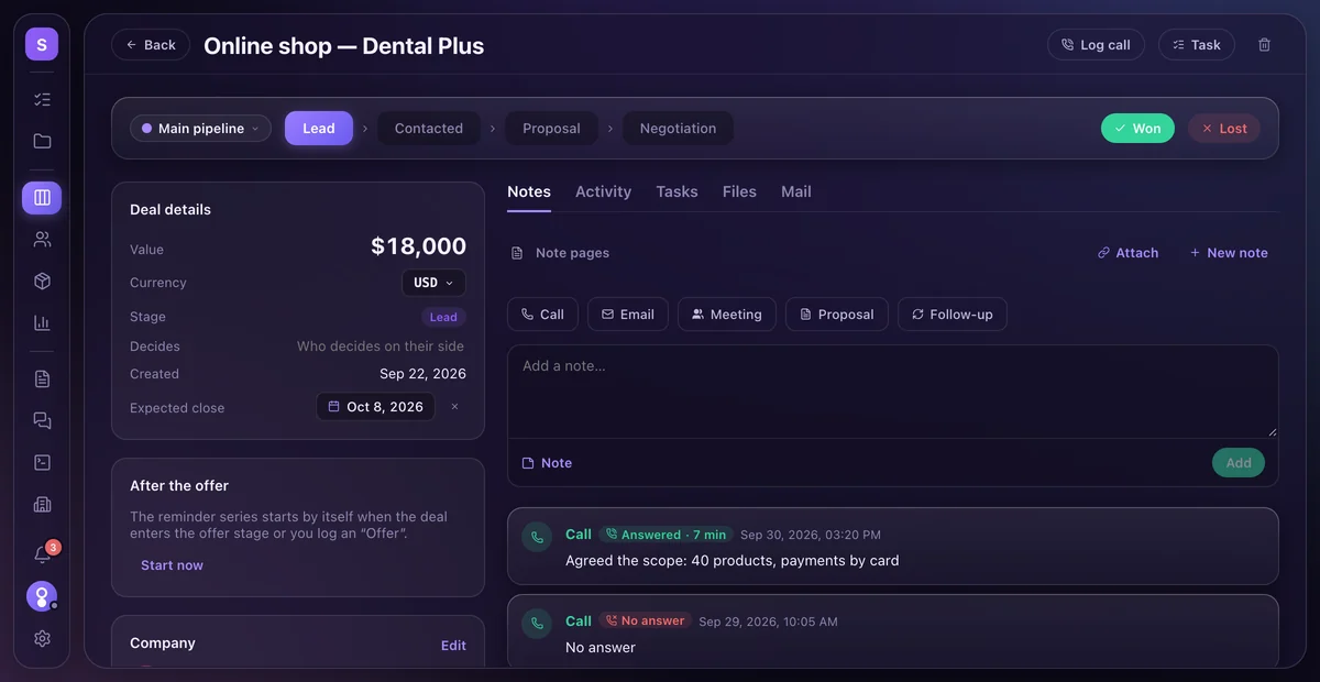 A deal, Online shop for Dental Plus, with two calls in its notes: answered, 7 minutes, scope agreed; and no answer the day before