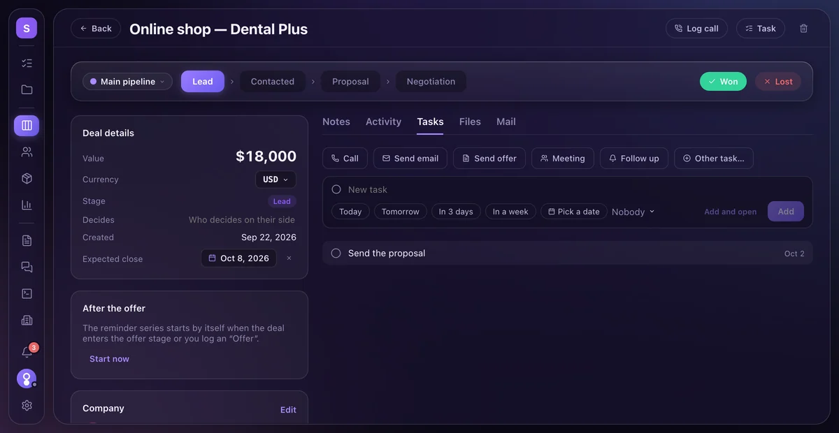 The deal's tasks: quick buttons for Call, Send email, Send offer, Meeting and Follow up, and the next step, Send the proposal, due 2 October