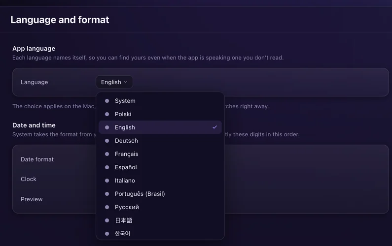 Language and format: the language menu with Polski, English, Deutsch, Français, Español, Italiano, Português (Brasil), Русский, 日本語 and 한국어
