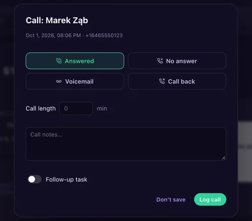 The call card: Answered, No answer, Voicemail or Call back, the call length, notes and a follow-up task