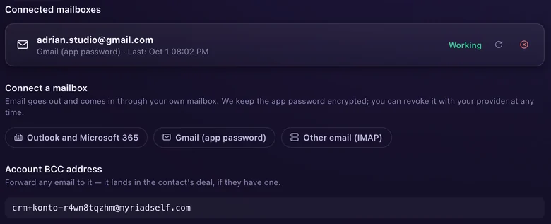 Connected mailbox: a Gmail address, working. Connect Outlook and Microsoft 365, Gmail with an app password, or other email over IMAP. The account BCC address below