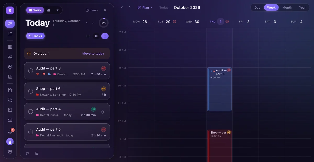 Myriad in a browser: today, Thursday, October 1, with its tasks and the week with time blocks