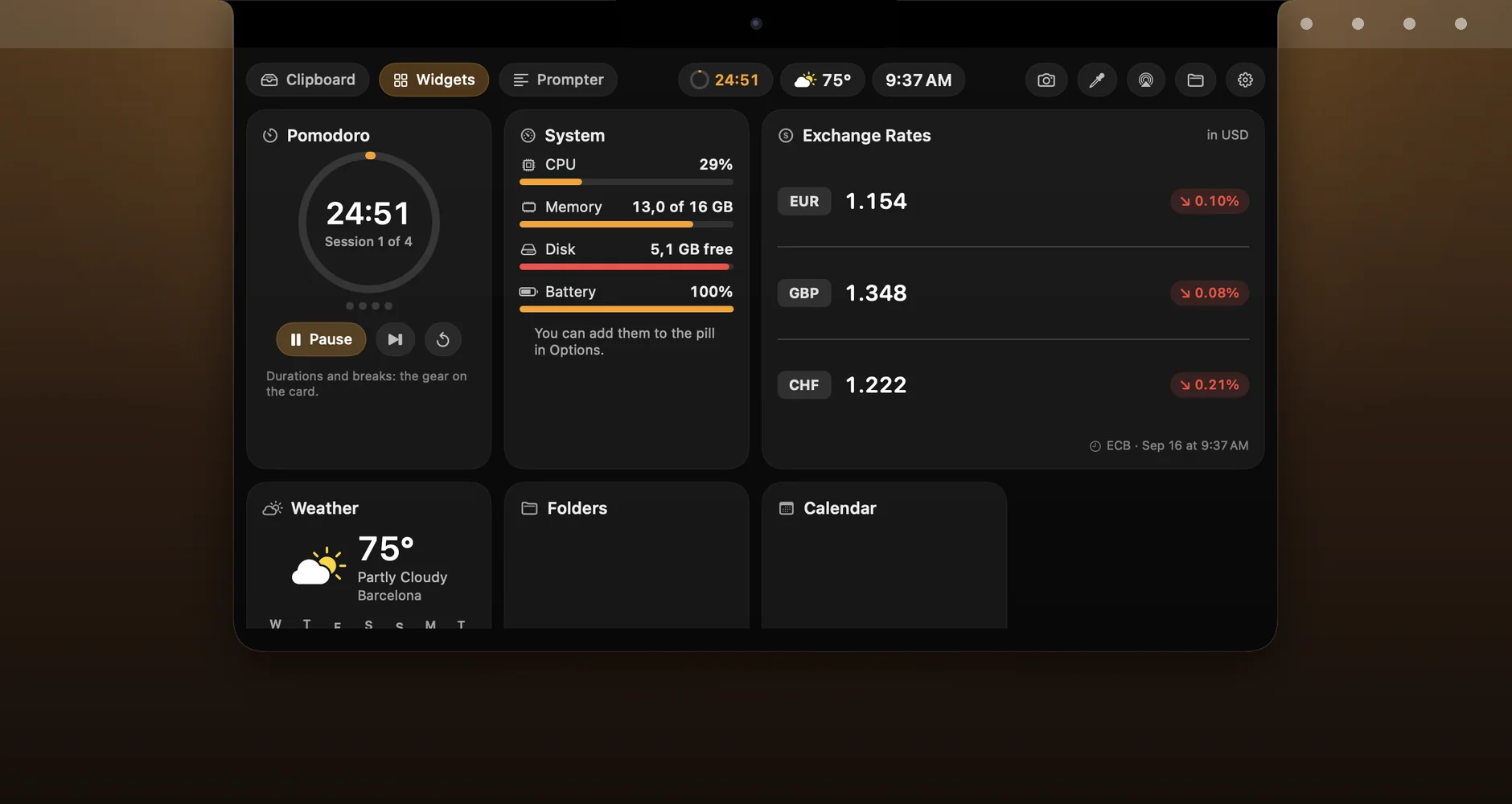 The Widgets tab: cards for weather, pomodoro, reminders, calendar, folders and system load laid out on the panel