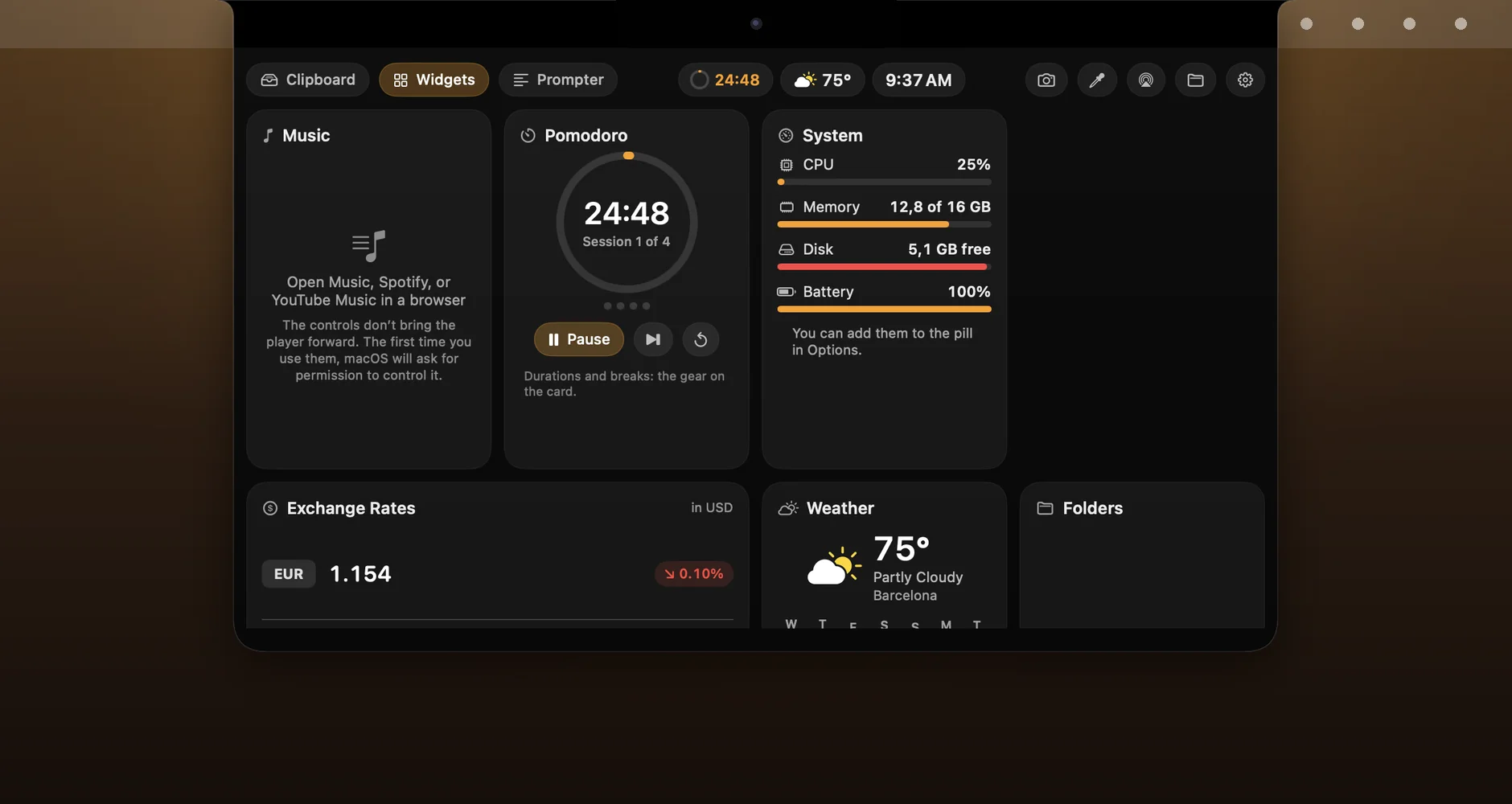 The music card on the panel: artwork, title, level bars and play, pause and skip controls