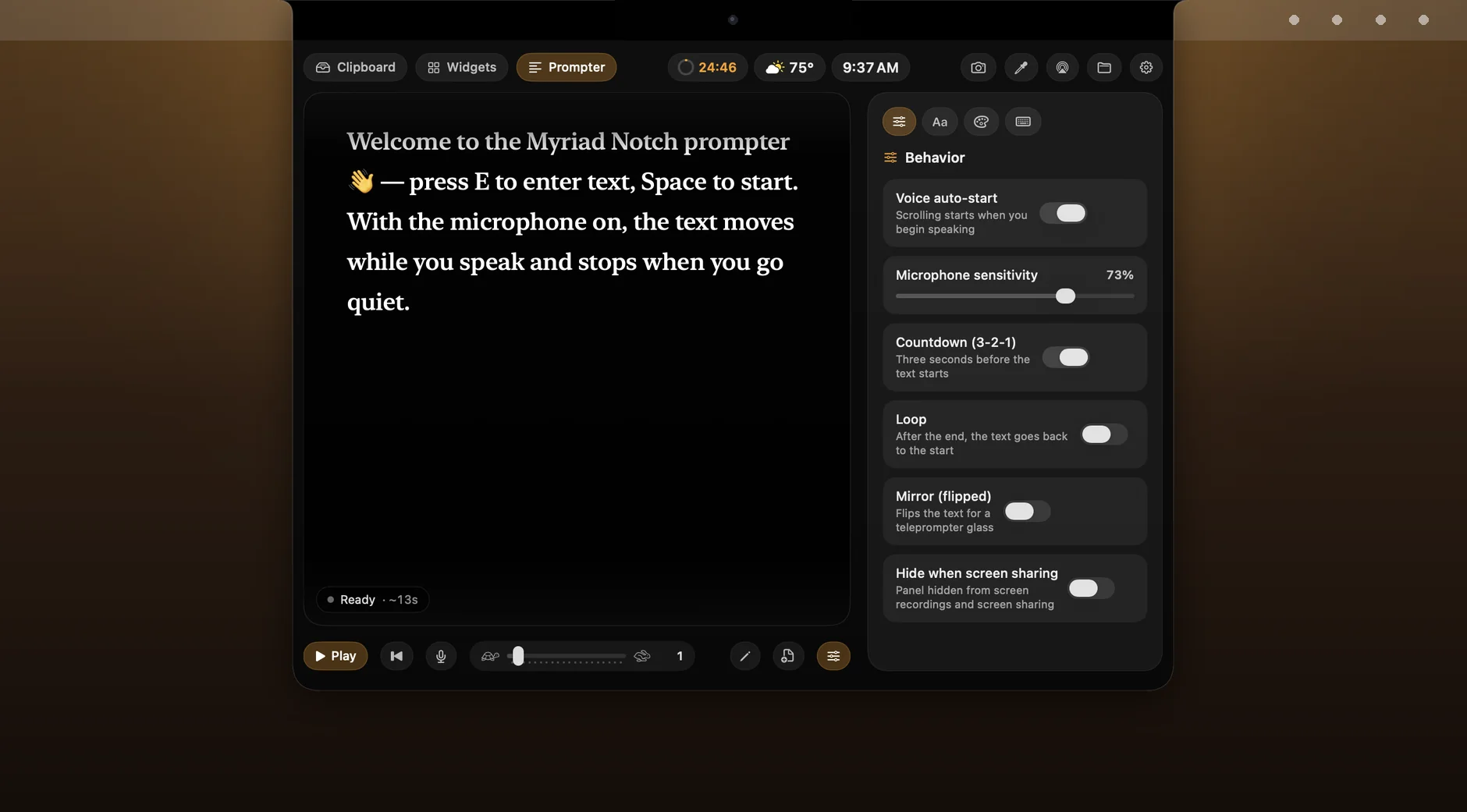 The Prompter tab: a script in large serif type on the left, and switches for voice auto-start, microphone sensitivity, countdown, loop, mirror and hiding from screen sharing on the right
